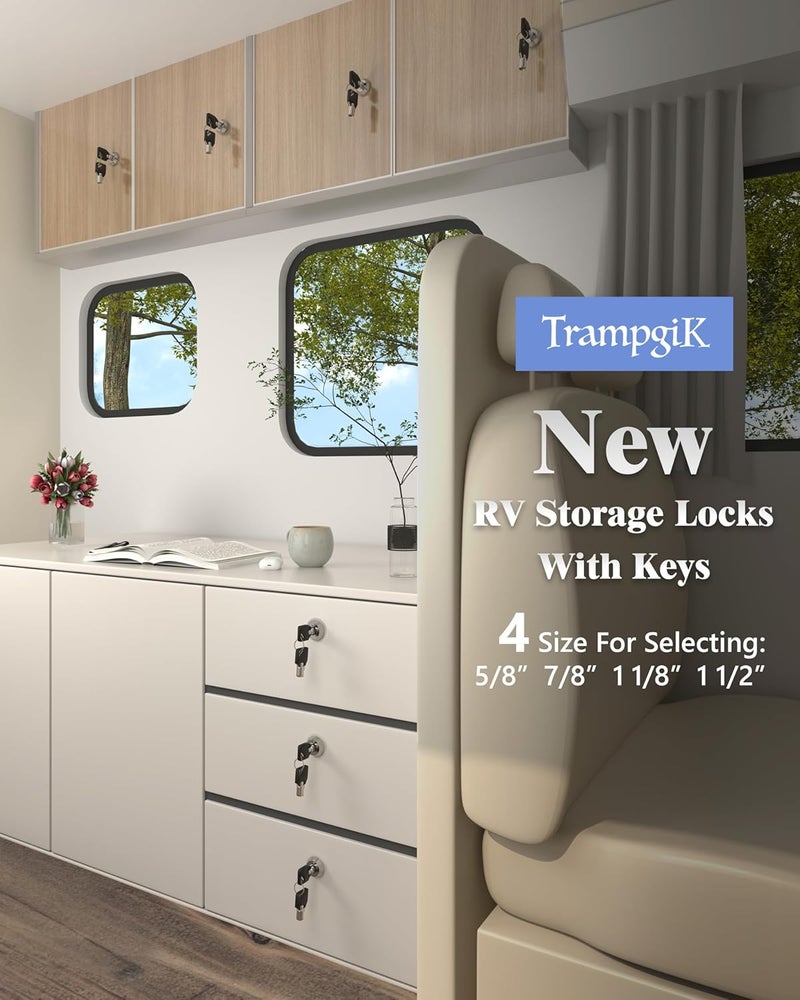 TrampgiK RV Storage Locks, 1 1/8” Camper Compartment Storage Door Locks with Keys, for RV Camper Travel Trailer,Drawer Cabinet Toolcart Storage, 1 1/8 Inch 5 Locks with 10 Keyed Alike, Chrome - Image 2